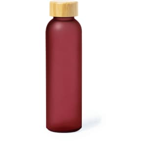 A drink bottle in a rich burgundy colour with a bamboo-style lid and a smooth, minimalist design.