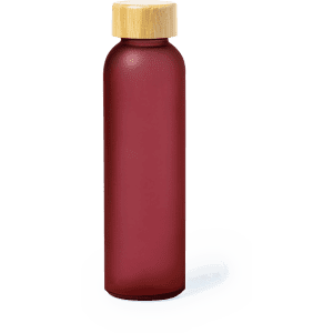 A drink bottle in a deep red colour with a wooden cap, featuring a smooth, cylindrical design and a logo.