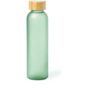 A drink bottle in a translucent green shade with a bamboo lid, featuring a logo.