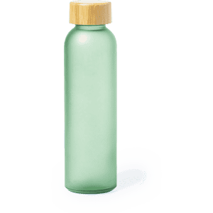 A drink bottle in a frosted green finish with a wooden lid, featuring a simple design and branding.