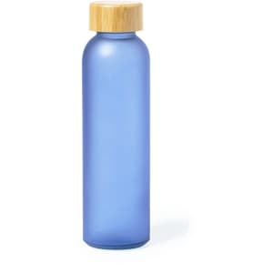 A drink bottle with a blue frosted body and a natural bamboo lid. It features a logo on its surface.