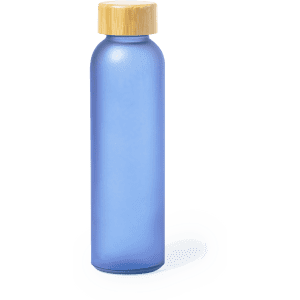 A drink bottle in a soft blue colour with a bamboo lid and a smooth, sleek design. It features a logo.