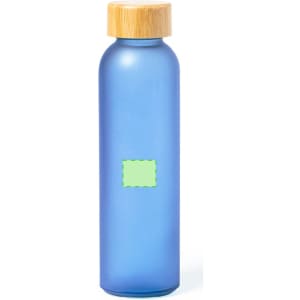 A drink bottle in a blue hue with a bamboo lid and a blank area for custom branding.