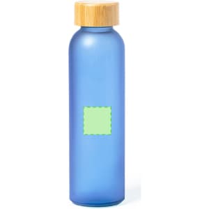 A drink bottle in blue with a bamboo lid and a blank square area for customisation.