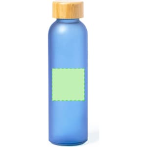 A drink bottle in a blue hue with a bamboo lid and a blank label for customisation.