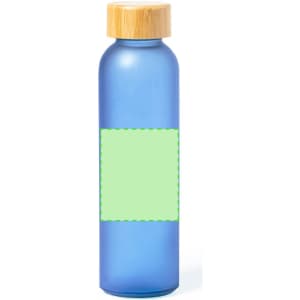A drink bottle in a blue shade with a wooden lid and a blank area for custom branding.