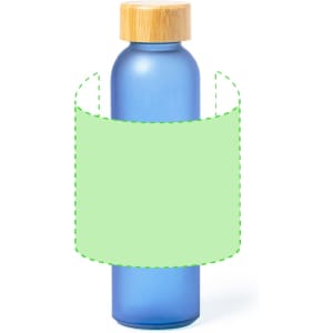 A drink bottle with a blue body and a bamboo lid, featuring a placeholder for branding or labels.