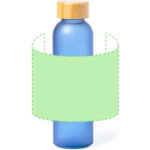A drink bottle in blue with a bamboo lid and a space for branding or design.