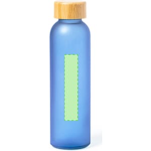 A drink bottle in translucent blue with a bamboo lid and a blank area for custom branding.
