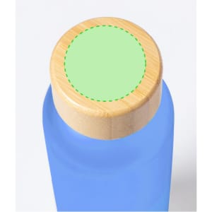 A drink bottle with a light blue body and a wooden bamboo lid, featuring a circular panel on top.