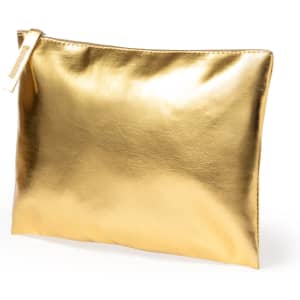 A gold metallic toiletry bag with a sleek, shiny finish and a zipper closure. It features a branding logo.