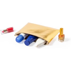 A gold toiletry bag contains blue and white bottles, with a red lipstick and an orange nail polish beside it.