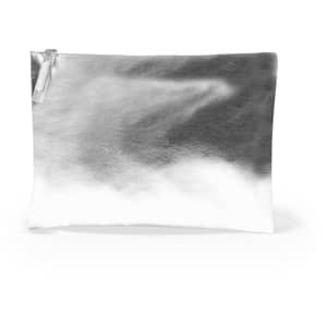 A shiny silver and white toiletry bag with a zip closure and sleek design, featuring a logo.