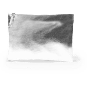 A silver toiletry bag with a smooth metallic finish and a zipper closure, featuring a logo.