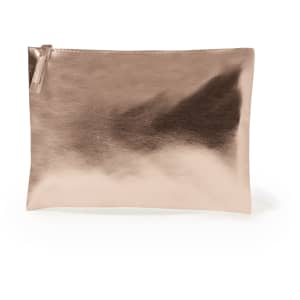 A rose gold toiletry bag with a smooth, shiny surface, featuring a zip closure and a subtle branding logo.