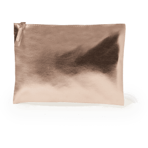 A rose gold toiletry bag with a smooth, shiny surface and a zip closure. It features a logo on the front.