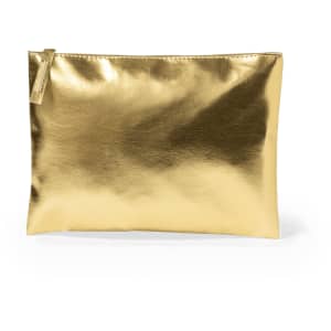 A gold toiletry bag with a glossy finish and a zip closure, featuring a small tab for easy opening.
