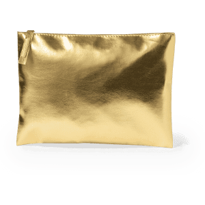 A gold toiletry bag with a glossy finish and a zip closure. It has a sleek, minimalist design and a logo.