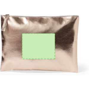 A metallic rose gold toiletry bag with a smooth finish and a zipper closure. It has a blank area for customisation.