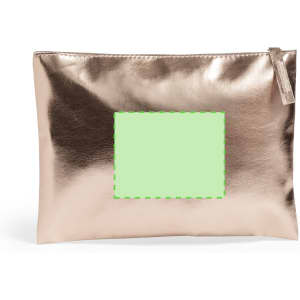 A shiny rose gold beauty bag with a zip closure, featuring a blank rectangular area on the front.