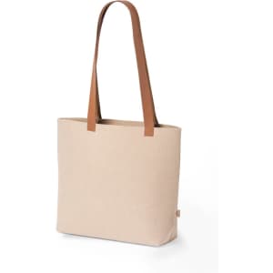 A beige tote bag with brown straps, featuring a logo on the side.