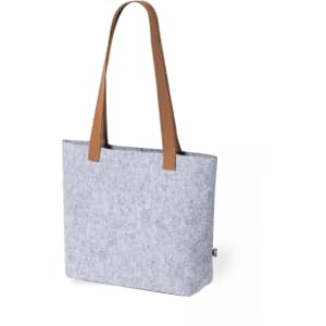A grey tote bag with brown leather straps, featuring a simple design and a logo.