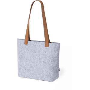 A grey tote bag with brown leather straps and a subtle logo.
