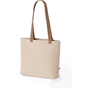 A beige tote bag with brown straps and a logo, featuring a simple and clean design.