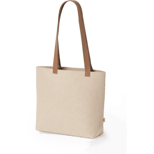 A beige tote bag with brown leather straps, featuring a simple design and a logo.
