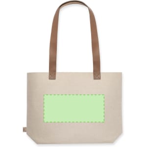 A beige tote bag with brown straps and a blank green area for customisation. It features a branding tag.