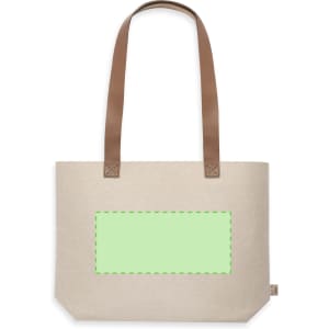 A beige tote bag with brown handles featuring a blank green section. The bag has a logo on it.