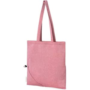 A pink foldable bag with two handles and a small closure detail, featuring a logo.