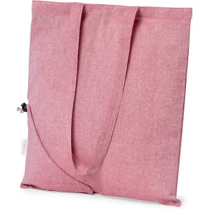 A pink foldable bag featuring dual handles and a small logo. It has a neat, compact design.