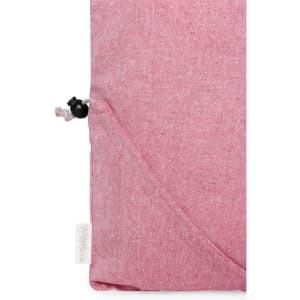 A pink foldable bag with a drawstring closure and a branding label on the side.
