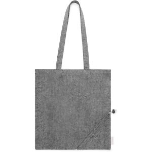 A foldable bag in grey with shoulder straps and a logo on its side. Suitable for various carrying needs.