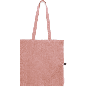 A foldable bag in a soft pink hue with two tote handles and a logo.