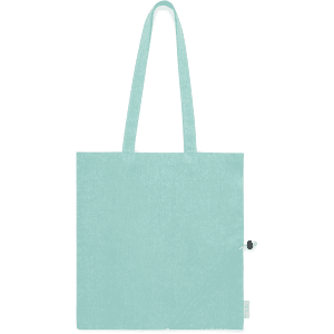 A teal foldable bag with two straps and a small detailing element. It features a logo on the side.