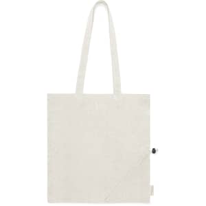 A foldable bag in a light beige colour with two handles and a small logo.