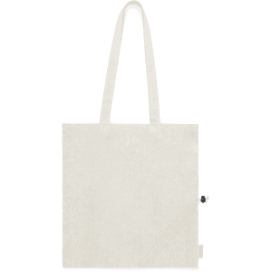A foldable bag in white, featuring two sturdy handles and a branding logo.