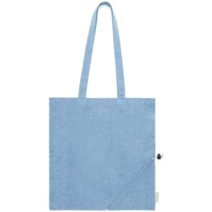 A foldable bag in light blue, featuring two handles and a small pocket with a button. It has a logo on the side.