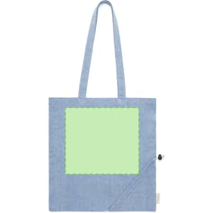 A foldable bag in light blue, featuring a solid green panel and a small logo on the side.