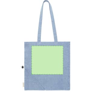 A foldable bag in blue with a green pocket area and a logo, featuring two long handles for easy carrying.