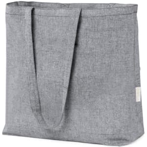 A grey tote bag with two shoulder straps and a simple design. The bag has a logo on it.