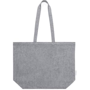 A grey tote bag with two sturdy handles and a simple design. It features a brand logo on the side.