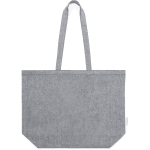 A grey tote bag with two handles and a simple design. It features a logo on one side.