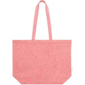 A large pink tote bag with long handles and a simple design. It features a logo.