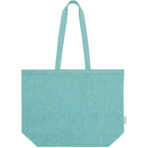A mint green tote bag with two straps and a simple design. The bag features a logo on one side.