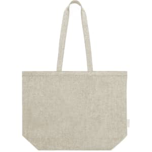 A grey tote bag with two handles and a simple, minimalist design. The bag features a branding logo.