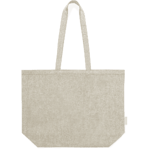 A beige tote bag with two shoulder straps and a simple design, featuring a logo on the side.