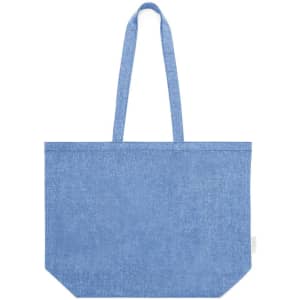 A blue tote bag with long handles and a square bottom, featuring a logo on one side.